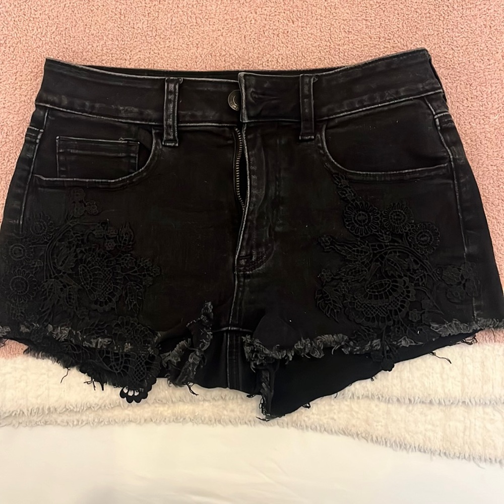 Black denim cut off shorts with lace overlay